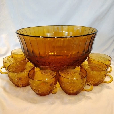 Винтажная чаша-перфоратор Indiana стеклянная тиара янтарь сэндвич узор чаша и 7 чашек - Изображение 1 из 4