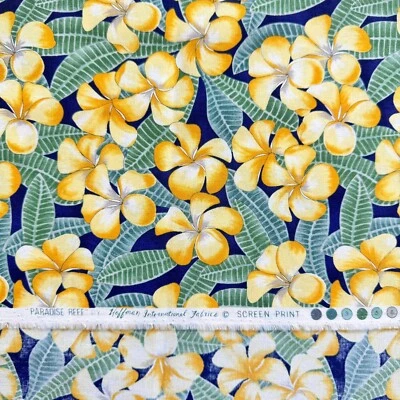 Fabric Yellow Plumeria Tropical Print Paradise Reef Hoffman Int'l Cotton 1 Yard - Image 1 of 4