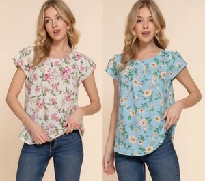Women's Short Tulip Sleeve Woven Top Round Neck Pleats Printed Soft Blouse Shirt - Picture 1 of 12