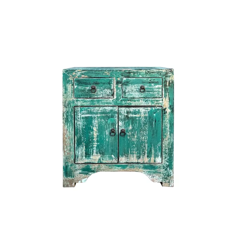 Oriental Distressed Teal Blue Green End Table Nightstand Chest ws4410 - Image 1 of 4