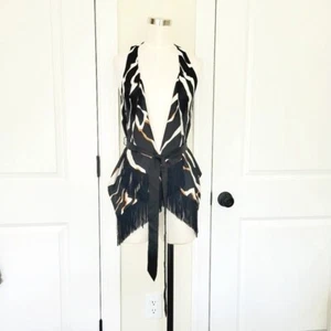 CACHE Black/White/Copper Satin Asymmetric Zebra Print Fringe Wrap Vest Sz XS NWT - Picture 1 of 6