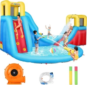 Bouncy House with Water Slide, Climbing Wall, Dual Splash Pool, 2 Water Gun# - Picture 1 of 10