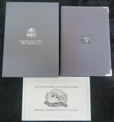 1991 Silver Prestige Proof Set * 90% Silver Dollar * With Box and COA * Rushmore Cover