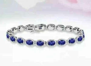 10Ct Oval Cut Blue Tanzanite Diam HaloTennis Bracelet 14K White Gold Plated 7.5" - Picture 1 of 3