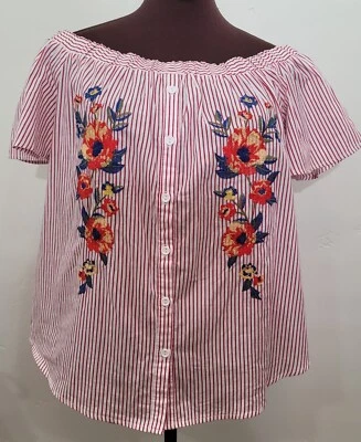 Blusa listrada camponesa boho tomate 100% algodão fora do ombro tamanho M - Imagem 1 de 4