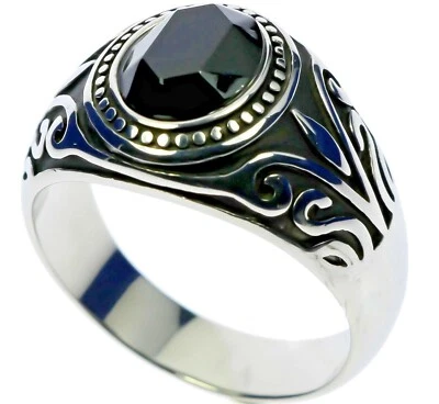 Anel masculino de aço inoxidável ônix preto 5 quilates design celta oval tamanho 9 T61 - Imagem 1 de 3