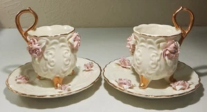 Vintage Tasse & Untertasse Set Viktorianisch Goldrand Appliziert Rosa Rosen 2 Stück - Bild 1 von 9