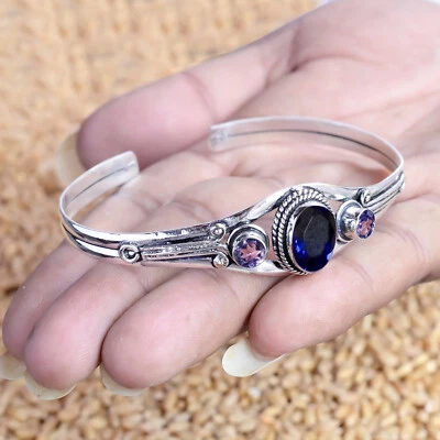 Brazalete de plata esterlina 925 con piedras preciosas de amatista azul de tanzanita joyería para hombre Foto 1 de 4