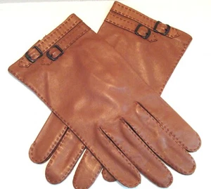 Vintage Hand Stitched Cognac Brown Leather Gloves Mens Hudson Made in Italy S/9 - Picture 1 of 8