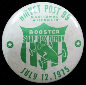 Scatola sapone vintage Derby pulsante pinback (77) 1975 Manitowoc Wisconsin Amvet 99 - Foto 1 di 1