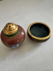 Cloisonne Salt Dip  and Pepper Shaker Floral Stackable Vintage 1940s - Picture 1 of 5