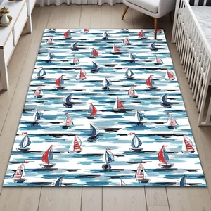 Blue Red Ship Rug for Baby Room Nautical Carpet Nursery Nonslip Toddler Mat - Picture 1 of 4