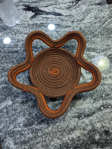 Vintage handwoven pine needle & fabric fruit basket catch-all Orange/Brown Cover