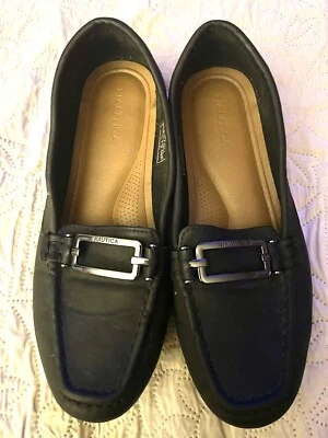 Nautica Slip On Shoes Womens Sz 9 Black Loafers Gun Metal Silver Top Logo Accent - Image 1 of 4