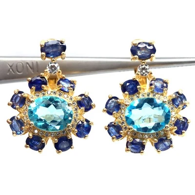 Plata de ley 925 7 x 9 mm. Pendientes de topacio azul cielo, zafiro y circonitas cúbicas Foto 1 de 4