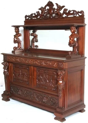 Antique Mahogany Carved Sideboard Buffet – Horner, Full Mirror Back #22459 - Image 1 of 4