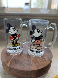 Walt Disney Production Mickey & Minnie Mouse Clear Glass Mug Steins - Picture 1 of 6