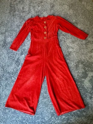 RARE 1930s Red Silk Velvet Jumpsuit Beach Pajama Art Deco With Walnut Buttons - Image 1 of 4