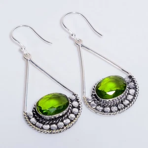 Peridot Gemstone Vintage Handmade 925 Sterling Silver Earrings 2.2" o048 - Picture 1 of 6