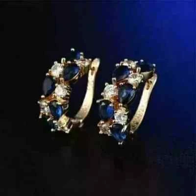 2 Ct Pear Cut Sapphire Lab Created Diamond Hoop Earrings 14K Yellow Gold Plated! - Image 1 of 3
