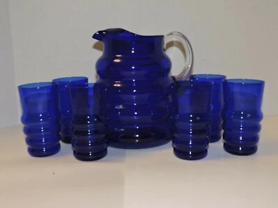 VINTAGE LOUIE GLASS CO. HARPO COBALT BLUE PITCHER AND 6 TUMBLERS C. 1936 - Image 1 of 4