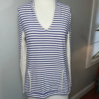 Roxy свитер вязаный темно-синий/белый в полоску толстовка/передний мешочек размер X-Large 100% хлопок  - Изображение 1 из 4