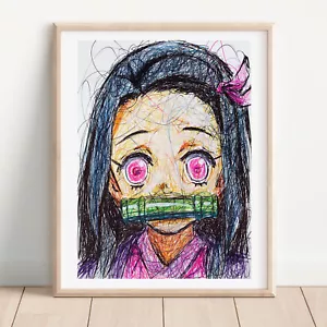 Nezuko Kamado Ballpoint Pen Print, Demon Slayer Art Poster - Picture 1 of 3