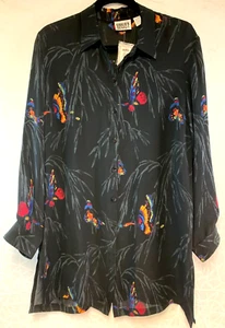 Vintage CHICOS Black 100% Silk Butterfly Flight Pattern Button Down Shirt Size 1 - Picture 1 of 14
