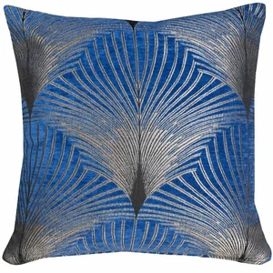 Cojín ventilador Art Deco. Chenilla de terciopelo de lujo en azul eléctrico y plata. 17x17" - Imagen 1 de 3