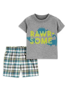 Child of Mine Baby Boy Grey Plaid Shirt and Shorts Outfit Set Size 6-9 Months - Picture 1 of 3