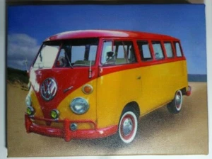 VW Camper Van Small Stretched Canvas Picture 8x6 20x15cm Red&Yellow Split screen - Picture 1 of 2