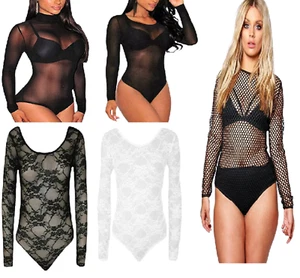 Women Black Full Mesh Insert Sexy Leotard Top Fancy Party Slim Fit Bodysuit - Picture 1 of 9