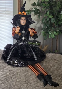 Halloween Witch W/Broom Orange Black Dress Sequence Shelf Sitter Figurine 25" - Picture 1 of 19