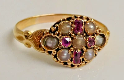 A STUNNING ANTIQUE GEORGIAN 22ct GOLD RUBY & PEARL CLUSTER RING - Image 1 of 4