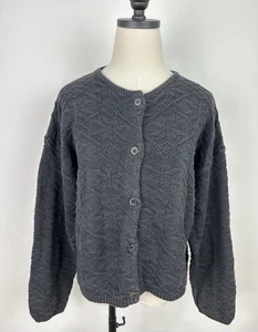 Vintage 90s GAP Cardigan Sweater M / L Faded Black Fairisle Textured Cotton Knit - Picture 1 of 13