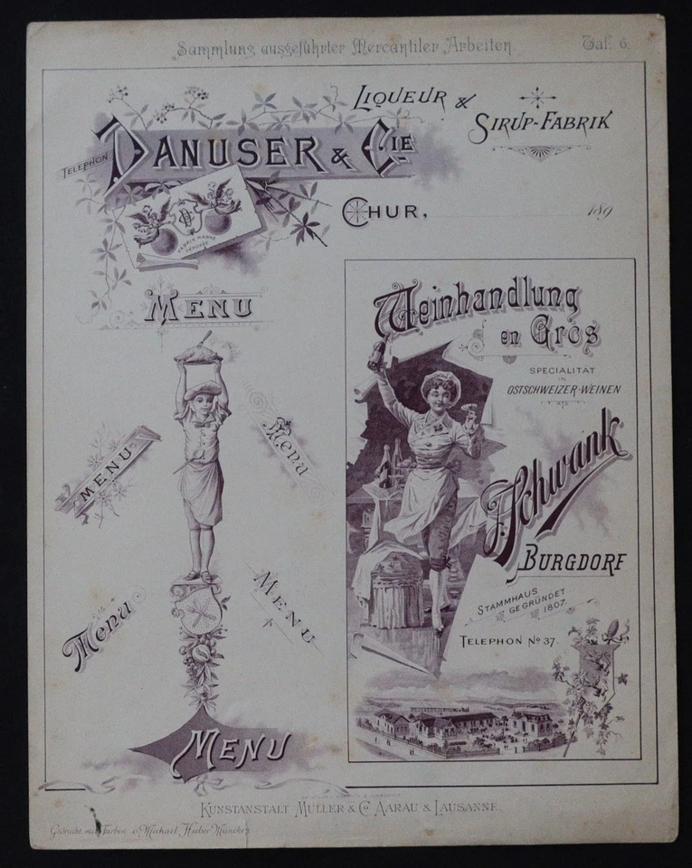 Planche imprimeur Menu Liqueur Danuser Art Nouveau Jugendstil no Mucha 1900 - Photo 1/1