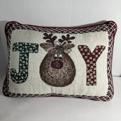 Christmas Tapestry Throw Pillow 11x15” Reindeer Whimsical JOY Rustic Farmhouse - Image 1 of 4