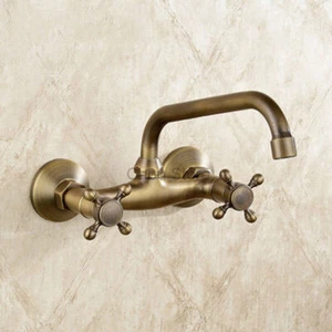 Grifo mezclador fregadero de cocina de montaje en pared de latón retro lavabo de doble mango - Imagen 1 de 4