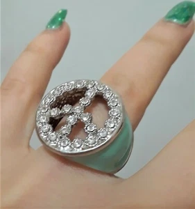 Peace Jumbo Oversize Cocktail Statement Prom Ring Silver Crystal Enamel Mint - Picture 1 of 3