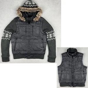 Zara Jacket Men Small Black Grey 2 in 1 Puffer Vest Coat Removable Sleeve Hood ! - Picture 1 of 12