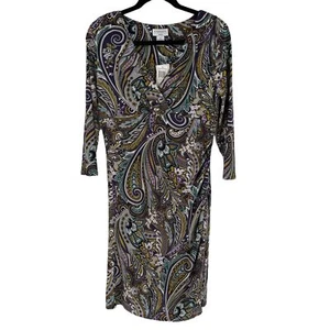 Carmen Marc Valvo Faux Wickel V-Ausschnitt Knielang Etuikleid Paisley Medium Neu mit Etikett - Bild 1 von 12