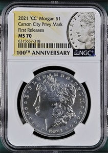 2021 CC (PRIVY MARK) MORGAN SILVER DOLLAR, NGC MS 70 FIRST RELEASES, IN HAND