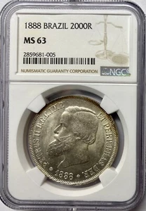 1888 Brazil Silver 2,000 Reis NGC MS-63 - Picture 1 of 4