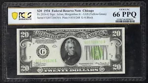 FR. 2054-G 1934 $20 LIGHT GREEN SEAL FRN CHICAGO, IL PCGS BANKNOTE GEM UNC-66PPQ - Picture 1 of 2