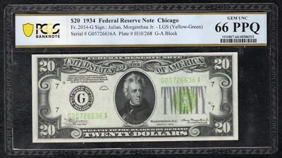FR. 2054-G 1934 $20 LIGHT GREEN SEAL FRN CHICAGO, IL PCGS BANKNOTE GEM UNC-66PPQ - Image 1 of 2