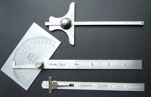 3 sets of Machinists Gauges: Protractor, Round End Rule, Starrett No 236 Depth - Picture 1 of 13