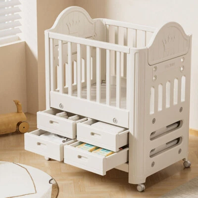LEAF-PLANTS-CENTER 36�� Rolling Premium Baby Toddler Cot Bed with Wheels & 4 Drawers Raised Fence