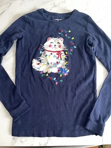 Girl’s Lands End  Xmas Cat Top 16 Lights Kitty Navy Shirt Pj Pajamas - Picture 1 of 3