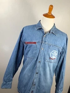 Bugle Boy Denim Shirt L Men's Blue Jeans Button Down print on chest zip Vintage - Picture 1 of 10