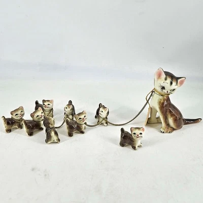 Vintage Porcelain Cat w 9 lives Kittens On Chain Japan Centennial Novelties - Image 1 of 4